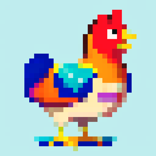 side view of vibrant, feathered pixel art chicken with a proud stance, vivid colors, intricate detailing, retro video game aesthetics