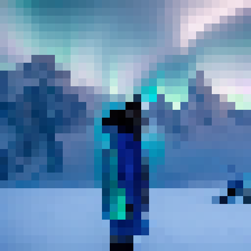 Nerdy woman, bundled in a puffy coat, braves the frozen tundra on a fantastical yeti steed, exploring a mysterious sci-fi world with otherworldly ice sculptures and a mystical aurora borealis painting the sky.