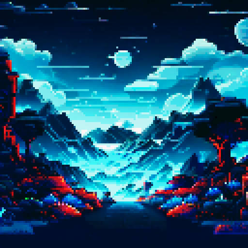 pitch black sky, twinkling stars, vast expanse, silhouetted mountains, moonlit glow, serene atmosphere, pixelated art style, sRGB color palette, detailed background, immersive landscape
