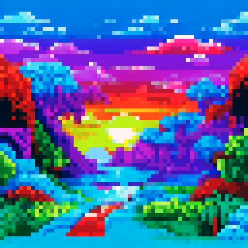 Musculoso's bulging muscles ripple as he dances with Steve in a vibrant, pixelated landscape filled with neon colors and a trippy, psychedelic background