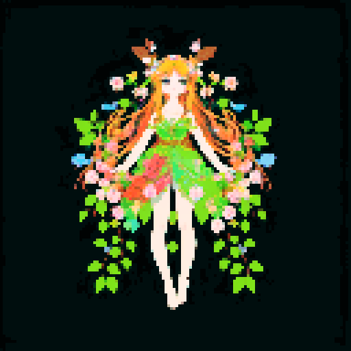 A beautiful nymph covered in vibrant petals and leaves. It has long, flowing hair made of vines, bright eyes, and an enchanting smile. It exudes an aura of beauty and charm. No background.
