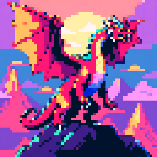 dragon, vibrant colors, intricate scales, fiery breath, majestic wings, soaring through the sky, pixelated details, bold outlines, retro aesthetic, glowing eyes, sharp claws, fantastical landscape, mountains in the background, shimmering scales, intense heat, 8-bit charm, vibrant pixel palette, low resolution, dynamic poses, whimsical charm, nostalgic vibes