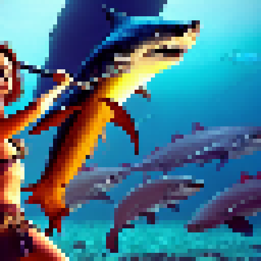 Island queen wields fiery sword, battling sea monsters as the sun beats down on her, surrounded by a school of bloodthirsty sharks.