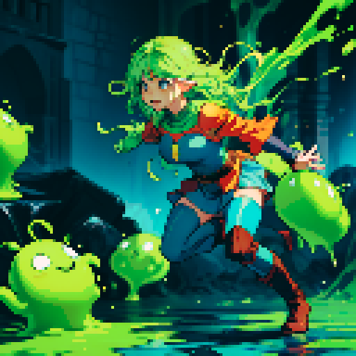 slime surging up around someone, slime engulfing a hero, slime consuming a hero, hero getting engulfed by slime, slime attack, dynamic, slime slamming into someone, impact, splashing slime, full-body image, full-body art, hero's hair and clothing color vary