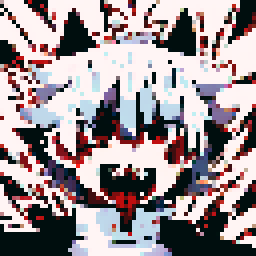 demon slayer, intense gaze, fiery red eyes, sharp fangs, determined expression, flowing black hair, anime style, pixel art, close up, character portrait
