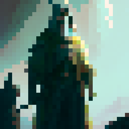 wizard with point hat, sword and staff, long robes, think gandalf.