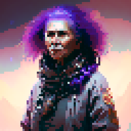 elderly native American woman with purple hair in short braids