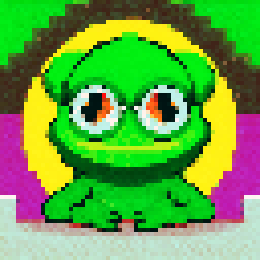 pepe frog, vibrant colors, pixelated details, retro video game style, limited color palette, 8-bit graphics, crisp lines, nostalgic aesthetic