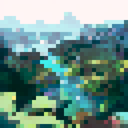 L-shaped lake with muted pixel art depicting a survival landscape in a landscape style