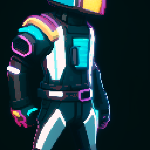 cyberpunk space trader sprite, pixel art, futuristic design, cybernetic arm with intricate detailing, glowing yellow-orange visor over the eyes, trench coat with glowing lines, blue and teal color palette with neon pink and yellow accents, distinct sci-fi aesthetic, confident posture, mid-step with arms extended