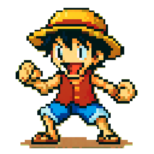 Luffy Pokemon Sprite, vibrant colors, playful expression, pixelated design, sRGB palette