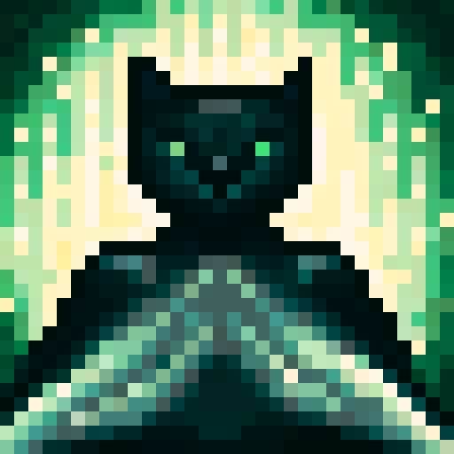 Black cat, pixelated in 32x32 with VGA, close up and skillfully portrayed, its dead face revealing a partially exposed bone structure.