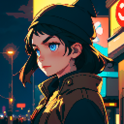 Night city street light background, profile picture, young girl, grateful face, rounded face, blue eyes, short black hair, brown jacket, beige hat, facing directly