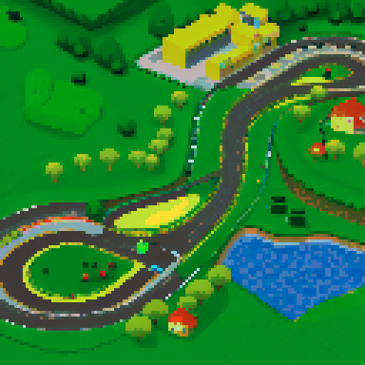 Racetrack circuit, hills with eyes, green, happy