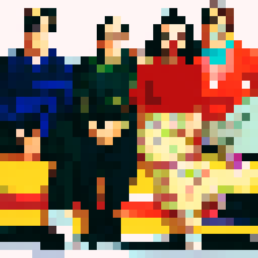 seinfeld cast, vibrant colors, pixelated characters, iconic hairstyles, quirky expressions, retro TV set, New York City backdrop, 90s fashion, sitcom humor, energetic poses, pixel art, sRGB
