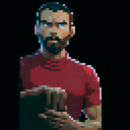 person with tousled hair, earth bender stance, muscular build, rugged clothes, bending earth with fierce determination, pixelated details, vibrant colors, sRGB color palette