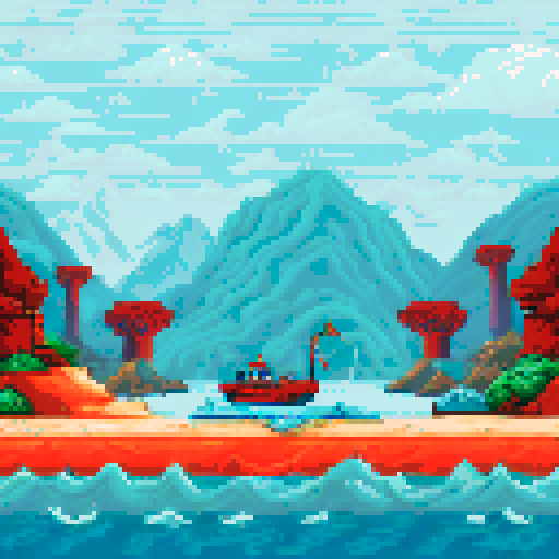 vertical underwater scene, bright fish fleeing, trawl chasing, fish hooks, sea mines, nests, fishing boat launching hooks, bright, sunny, atmospheric, pixel art, sRGB