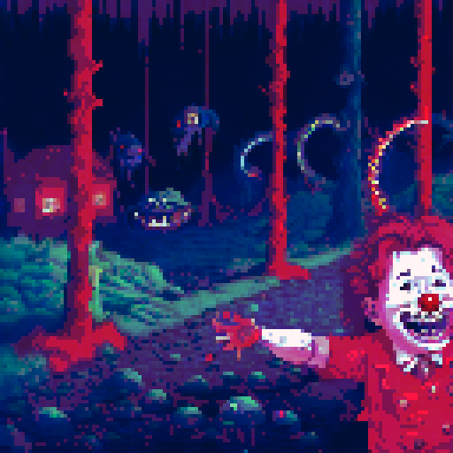 Blood-curdling clown with sharp teeth and glowing eyes lurking in an abandoned carnival-themed indoor playground filled with decrepit toys and surrounded by a dark, eerie landscape with pixelated, sRGB-style background