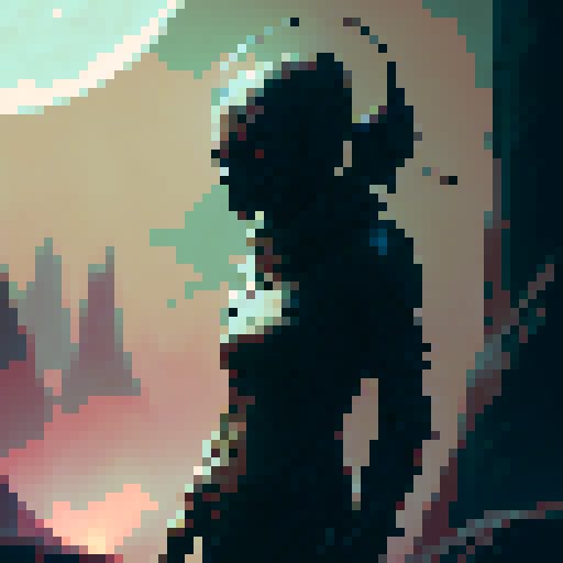 large, menacing, skeletal figures, towering over an eerie, lifeless field with gnarled trees, bathed in the dim, flickering glow of pixelated neon lights, evoking a neo noir aesthetic, reminiscent of a dark fantasy RPG