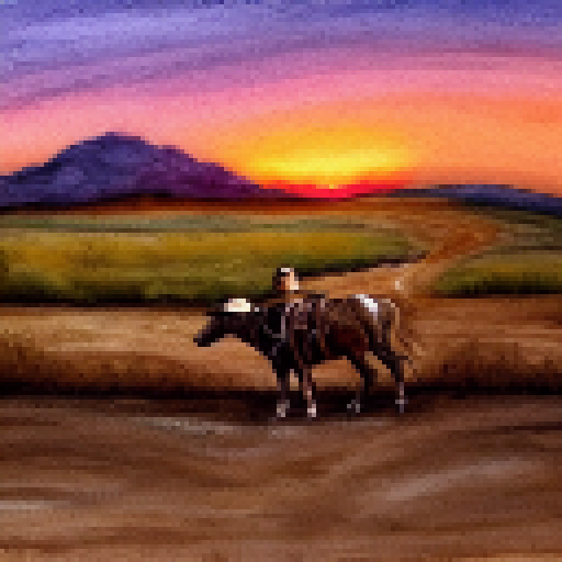 Dusty dirt road, cowboy hat, sunset backdrop, watercolor style.