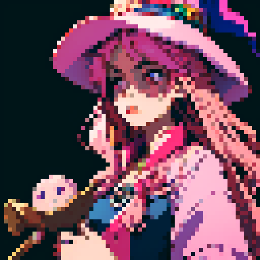 cute witch, long pink hair, staff, witch's hat, witch's dress, pixel art style, sRGB