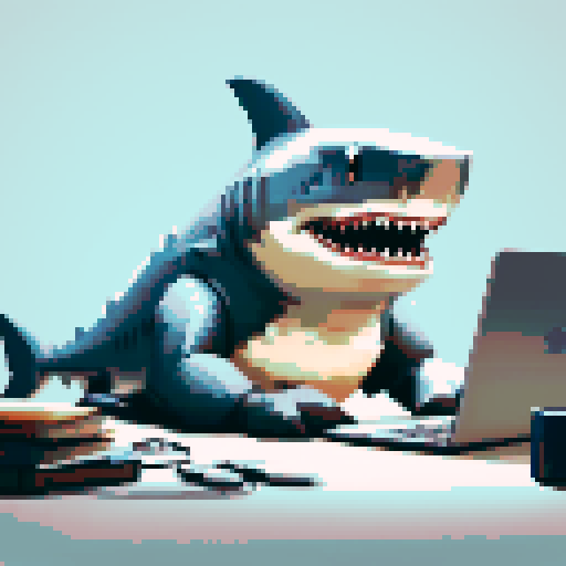 shark with sharp teeth, blue laptop screen reflecting its eyes, pixelated waves crashing in the background