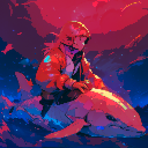human riding dolphin, vibrant colors, retro video game aesthetic, pixelated waves, 8-bit sprites, dynamic movement, pixel art, sRGB color space, nostalgic vibes, detailed pixel work, playful composition, energetic atmosphere
