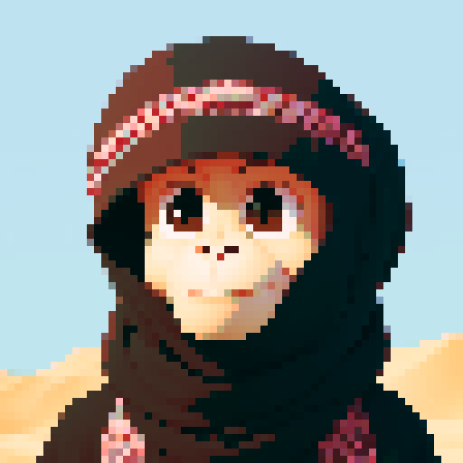 Saudi monkey bedouin, 32x32 pixel art, portrait close up, muted colors, simple patterns, simple eyes, bedouin clothing