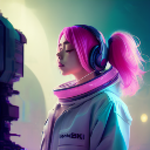 Anime girl with bubblegum pink hair and oversized headphones, dancing in a neon-lit room filled with floating holographic flowers and geometric shapes.