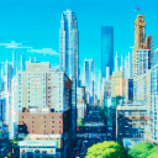 city scraper, tall and sleek, towering above the bustling streets, against a vibrant blue sky, devoid of any clouds, showcasing a pixelated landscape, with a meticulously detailed background in sRGB color space