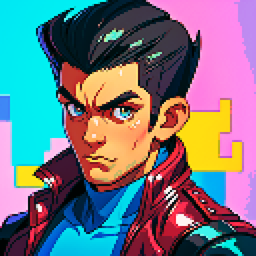 semi muscular greaser with pompadour and leather vest, 8-bit pixel art, vibrant sRGB colors, retro arcade game style