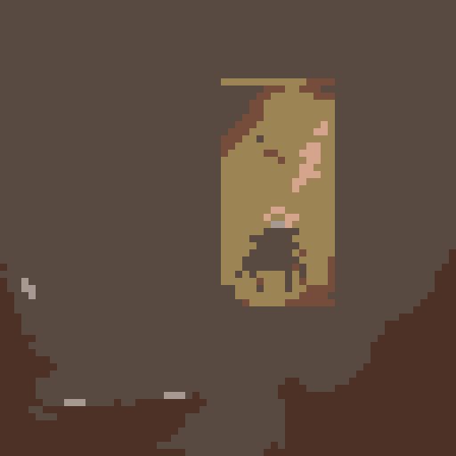 background color #9c8454, small fantasy icon for use in a fantasy wargame, pixel image of an owlbear using white, black, and hushed tone colors, the owlbear should be standing upright facing right and have its arms extended like it was going to attack, make the image sharp 