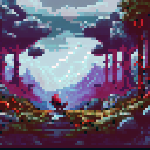 Troll with mossy fur lurking in a dense, misty forest surrounded by towering trees and a rugged mountain range in the background, all rendered in a vibrant sRGB pixel art style