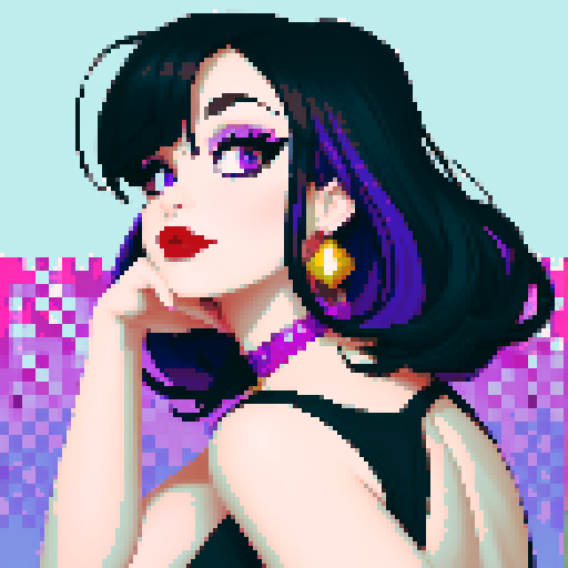 curvy, cute goth girl sitting, black hair, purple eyeshadow, red lipstick, glamour shot, pixel art, vibrant sRGB colors