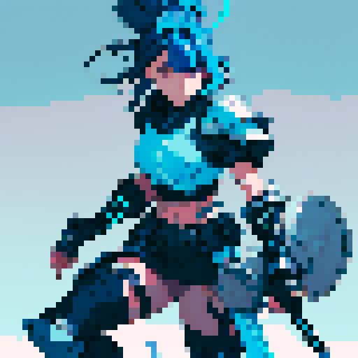 athletic female, exuding strength and agility. shoulder-length Midnight Blue hair, streaked with Royal Blue highlights. armor is a sleek combination of Dark Slate Blue and Neon Cyan, Steel Gray accents cover her gauntlets and shin guards, Charcoal Black underlayer. glowing Gold artifact on chest and Blue visor. utility belt, in Dark Gray with Neon Purple details, and black boots with Cyan highlights
