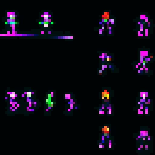 futuristic, cybernetic character with metallic armor, glowing neon accents, wielding a laser sword, running, attacking, falling animations in retro pixel art style, vibrant sRGB colors