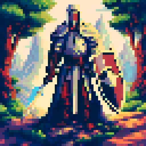 crusader with sword and wooden shield, pixel style, epic, gothic 