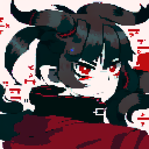 Half-demon warrior with long black hair cascading down their back, captivating fusion of contrasting elements, red eyes reflecting fierce determination and vulnerability, attire blending traditional and modern influences from human and demon cults, character portrait, close up, anime style, pixel art