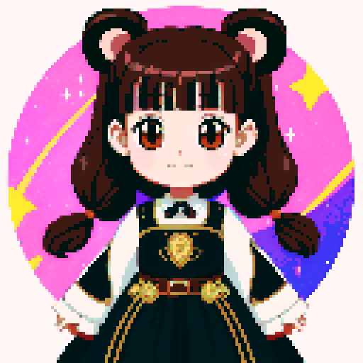 A graphic depiction of a bear in retro 1995 anime style, chibi form, with expressive black eyes and brown fur, styled with long twin pigtails. Wearing magical clothes with intricate belts and patches. Background of a wild magic night with a dark waterfall and bright stars. Created Using: classic anime aesthetics, detailed magical garments, enchanting night setting, vivid portrayal, star reflections, dynamic composition, hd quality --ar 2:3 --v 6.0
