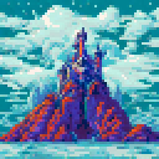 A pixel art depiction of the Three of Swords tarot card. In the center, a large, pixelated heart is pierced by three swords, arranged in a triangular pattern. The heart and swords are detailed with simple, blocky shapes. The background is a stormy sky, with pixelated dark clouds and heavy rain, emphasizing a sense of sorrow and heartbreak. The rain is depicted with vertical lines of varying lengths, and lightning bolts can be seen in the distance, adding dramatic effect. The overall color palett