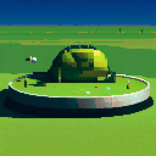 A spaceship taking off on a golf course