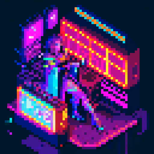 magic mage cyberpunk girl with vibrant purple hair, glowing tattoos, and a flowing cloak, surrounded by holographic neon signs and futuristic market stalls, all rendered in pixel art with a vivid sRGB color palette