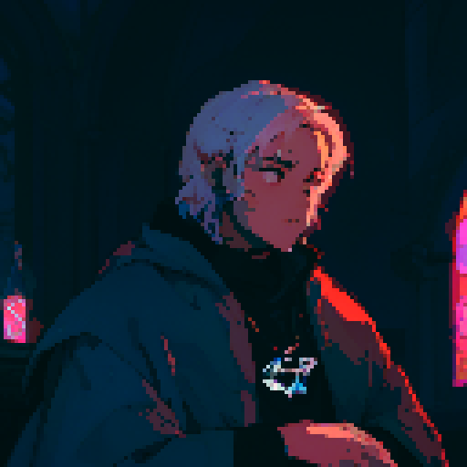 Priest, stained glass windows, vibrant colors, ornate robes, pixelated halos, illuminated Bible, candlelit altar, mosaic patterns, religious symbols, low resolution, retro aesthetic