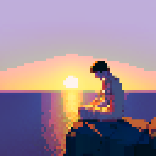 Bloodied man with gauze wrapped all around his body looking slightly down into his hand with his heart in it sitting on the cliffside looking towards the ocean with the sun setting in the distance