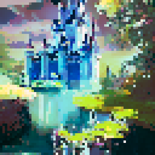 Majestic Disney castle nestled in lush greenery, framed by towering trees, with a shimmering moat and a bright blue sky in the background, rendered in a stunning landscape portrait style.