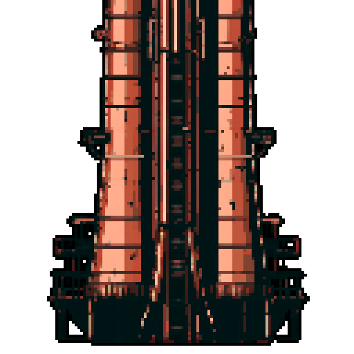 I want a tall vertical copper structure reminiscent of a missile silo. It should have strange mechanical details that could interlock with each other. I also want this object usable as an asset in a videogame, meaning only one object per image, outlined with a strong black stroke, on a solid-color background.