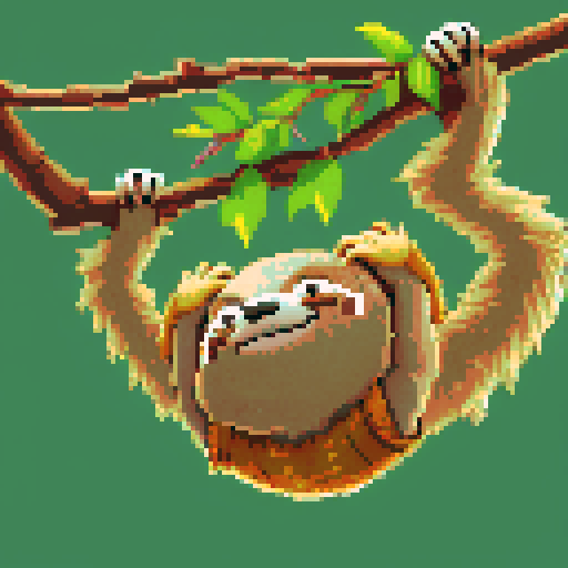 smiling sloth, hanging on branch, pixelated, vibrant colors, sRGB