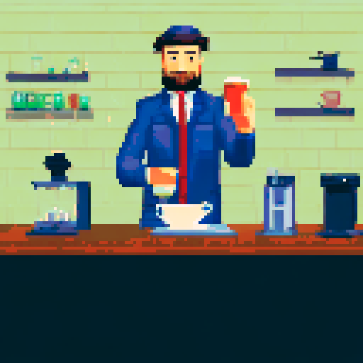 A male hitman dressed in unassuming fashionable clothing standing in a quiet coffee shop observing a day-dreaming female barista who is leaning over the counter and reading an erotic novel