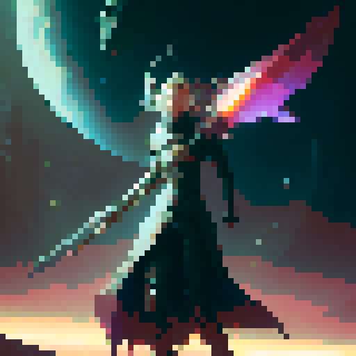 female swordsman, tall and confident, wielding a gleaming sword, standing defiantly before a towering, otherworldly space monster, its grotesque form shrouded in darkness, a scene straight out of a captivating fantasy RPG like Phantasy Star, smooth render, high def