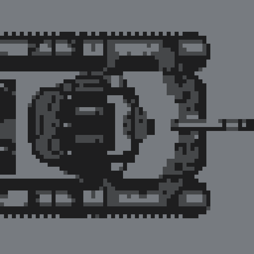 top-down tank, large turret, noticeable treads, camouflage color scheme with greens and grays, blocky retro design, detailed armor plating and barrel, pixel art, sRGB